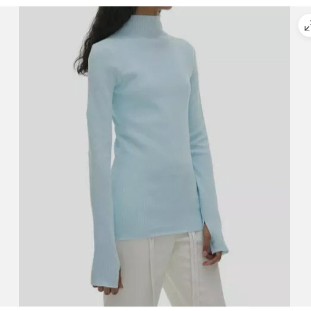 Helmut Lang Foam  Blue Mockneck Ribbed Sweater Size Medium - Picture 3 of 13